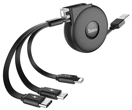 Кабель USB Hoco U50 Retractable 3in1 Lightning + micro USB + USB Type-C Cable Black - фото 1