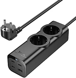Сетевой фильтр (удлинитель) Hoco NS10 2000w 10a 2 розетки 67w PD 3xUSB-C/USB-A порта 2м чёрный - фото Сетевой фильтр (удлинитель) Hoco NS10 2000w 10a 2 розетки 67w PD 3xUSB-C/USB-A порта 2м чёрный