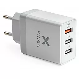 Мережевий зарядний пристрій з швидкою зарядкою Vinga 30w QС3.0 3xUSB-A ports charger white (VCPWCHQC3)