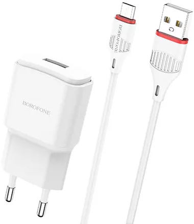 Сетевое зарядное устройство Borofone BA48A Orion 2.1a home charger + micro USB cable white - фото 1