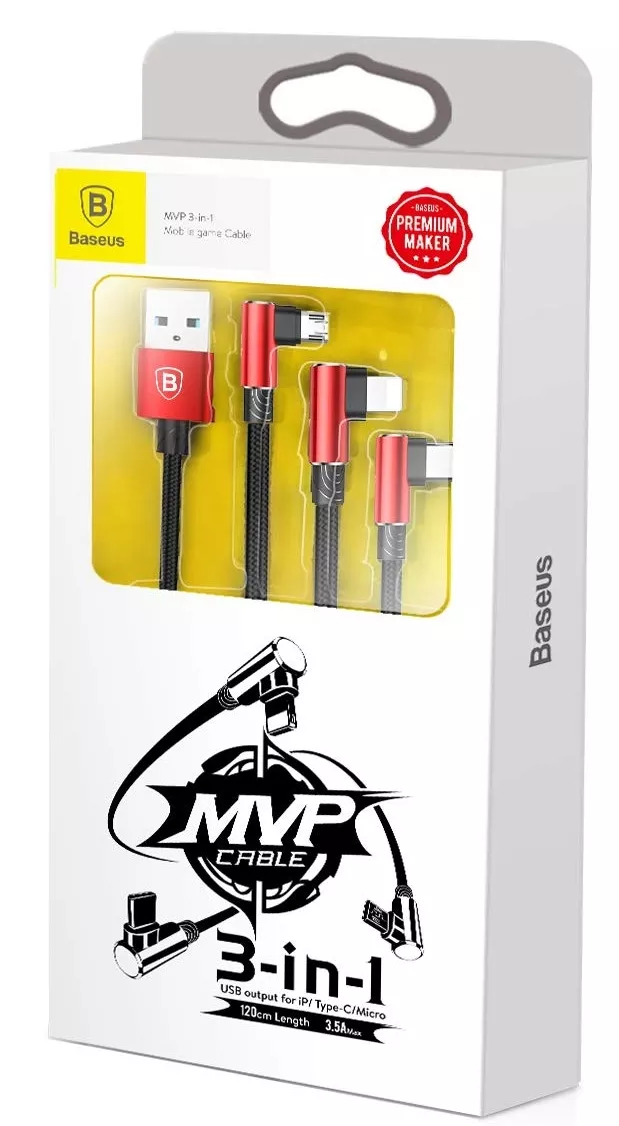 Універсальний кабель Baseus MVP Mobile Game 3-in-1 USB-A to Type-C/Lightning/micro USB 18w 3.5a 1.2м сable Red (CAMLT-WZ09) - фото 3