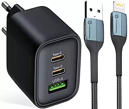 Мережевий зарядний пристрій Powermax Eclipse 65w GaN PD 2xUSB-C/USB-A ports charger + Lighning 2m cable black - фото Мережевий зарядний пристрій Powermax Eclipse 65w GaN PD 2xUSB-C/USB-A ports charger + Lighning 2m cable black