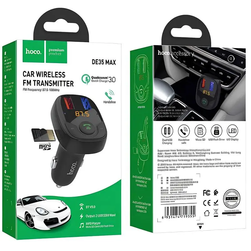 Bluetooth FM-трансмиттер Hoco DE35 Max 18w QC3.0 2xUSB-A ports harger black - фото 3