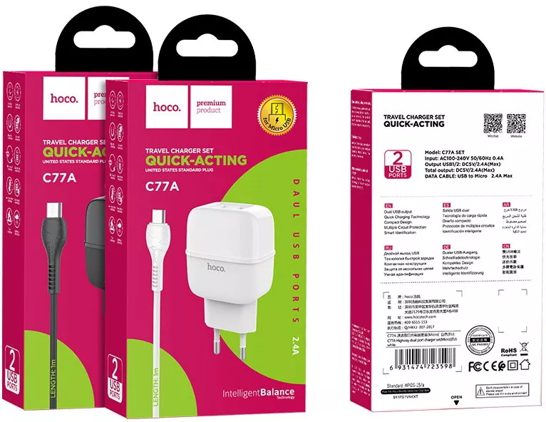 Сетевое зарядное устройство Hoco C77A 2.4a 2xUSB-A ports charger + micro USB cable white - фото 8