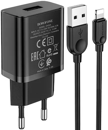 Сетевое зарядное устройство Borofone BA52A Gamble 2.1a home charger + Lightning cable black - фото 1