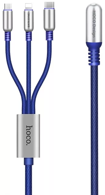 Универсальный кабель Hoco U17 Combo 3-in-1 USB-A to Type-C/Lightning/micro USB 12w 2.4a 1.5м сable Blue - фото 2