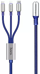 Универсальный кабель Hoco U17 Combo 3-in-1 USB-A to Type-C/Lightning/micro USB 12w 2.4a 1.5м сable Blue - миниатюра 2 Универсальный кабель Hoco U17 Combo 3-in-1 USB-A to Type-C/Lightning/micro USB 12w 2.4a 1.5м сable Blue - миниатюра 2