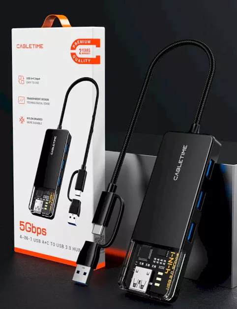 USB Type-C + USB-A хаб Cabletime 4-in-1 black (CB03B) - фото 2