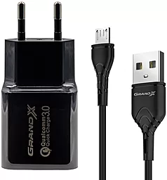 Автомобільний зарядний пристрій з швидкою зарядкою Grand-X 18w QC3.0 fast charger + micro USB cable black (CH-350BM)