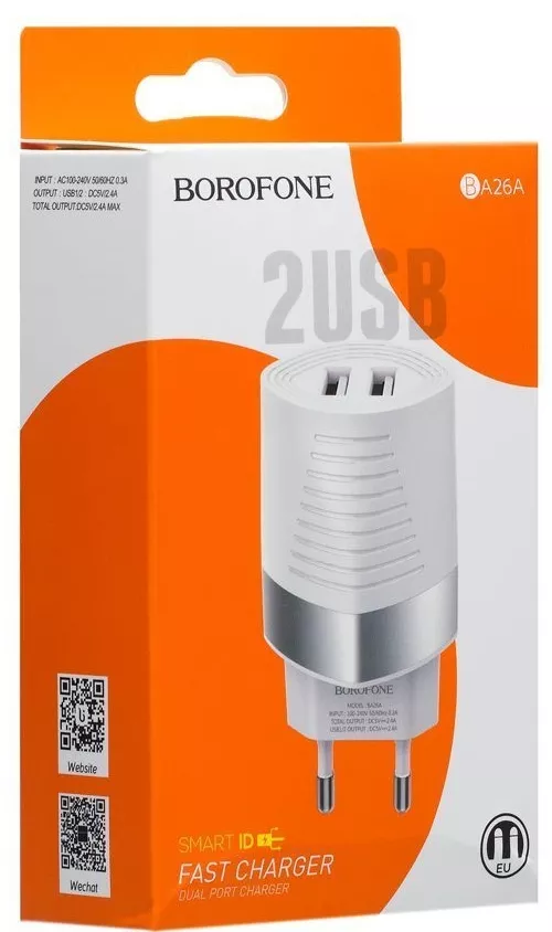 Сетевое зарядное устройство Borofone BA26A Mighty 2.4a 2xUSB-A ports charger white - фото 3