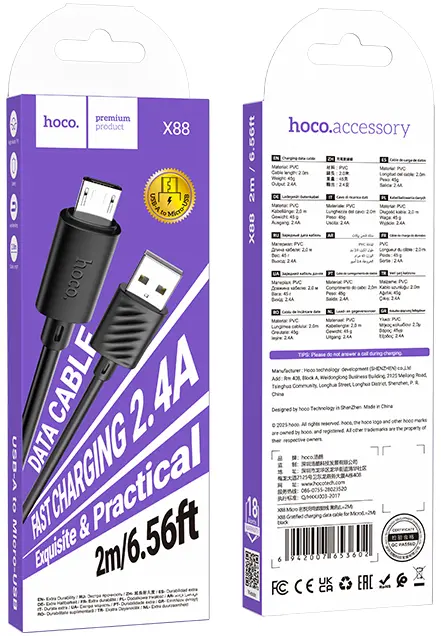 Кабель Hoco X88 USB-A - micro USB 12w 2.4a 2м cable Black - фото 6