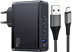Мережевий зарядний пристрій Powermax Eclipse 100w GaN PD 3xUSB-C/USB-A ports charger + micro USB cable black - фото Мережевий зарядний пристрій Powermax Eclipse 100w GaN PD 3xUSB-C/USB-A ports charger + micro USB cable black