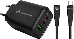 Мережевий зарядний пристрій Powermax Eclipse 65w GaN PD 2xUSB-C/USB-A ports charger + USB-C to USB-C 100w 2m cable black - фото Мережевий зарядний пристрій Powermax Eclipse 65w GaN PD 2xUSB-C/USB-A ports charger + USB-C to USB-C 100w 2m cable black