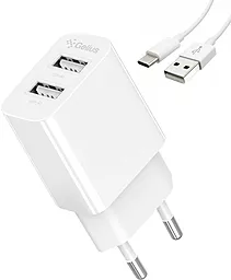 Мережевий зарядний пристрій Gelius GP-HC059 12w 2.4a 2xUSB-A ports charger + USB-C cable white - фото Мережевий зарядний пристрій Gelius GP-HC059 12w 2.4a 2xUSB-A ports charger + USB-C cable white