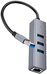 Мультипортовый USB-A хаб Hoco HB34 USB to 3xUSB 3.0 + RJ45 1000Mbps Black - миниатюра 2