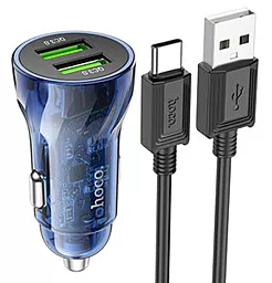 Автомобильное зарядное устройство Hoco Z47 Transparent 18W QC3.0 2xUSB + USB-C Cable Blue