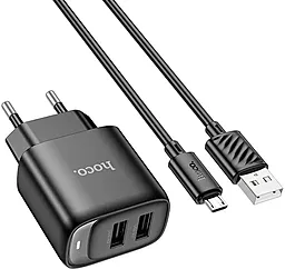 Мережевий зарядний пристрій Hoco C141A 2.1a 2xUSB-A ports charger + micro USB cable black - фото Мережевий зарядний пристрій Hoco C141A 2.1a 2xUSB-A ports charger + micro USB cable black