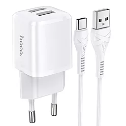 Сетевое зарядное устройство Hoco N8 2.4a 2xUSB-A ports charger + USB-C cable white