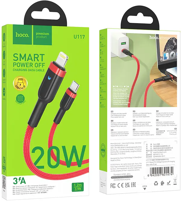 Кабель Hoco U117 USB Type-C - Lightning 20w 3a 1.2м PD cable Red - фото 5