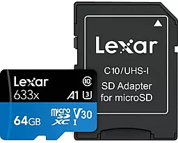 Карта пам'яті Lexar microSDXC 64GB Class 10 633x UHS-I U3 V30 A1 + SD-адаптер (LSDMI64GBB633A)
