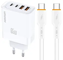 Сетевое зарядное устройство Amaya E101F 65w GaN PD/QC3.0 2xUSB-C/2xUSB-A fast charger + USB-C to USB-C cable White - фото Сетевое зарядное устройство Amaya E101F 65w GaN PD/QC3.0 2xUSB-C/2xUSB-A fast charger + USB-C to USB-C cable White