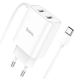Сетевое зарядное устройство Hoco C103A 2.1a 2xUSB-A ports charger + USB-C cable white - фото Сетевое зарядное устройство Hoco C103A 2.1a 2xUSB-A ports charger + USB-C cable white