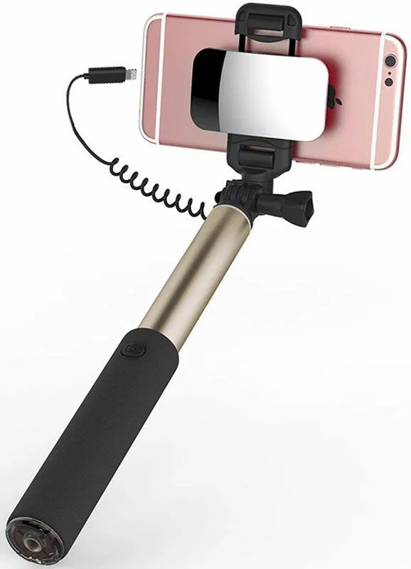 Моноподы, селфи-палки Rock Selfie stick with lightning wire control & mirror Gold - фото 2