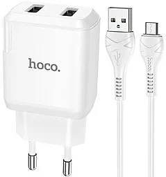 Сетевое зарядное устройство Hoco N7 2.1a 2xUSB-A ports charger + micro USB cable white - фото Сетевое зарядное устройство Hoco N7 2.1a 2xUSB-A ports charger + micro USB cable white