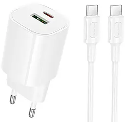 Мережевий зарядний пристрій з швидкою зарядкою Borofone BA104A Pudding 20w PD/QC USB-C/USB-A ports fast charger + USB-C to USB-C cable white - фото Мережевий зарядний пристрій з швидкою зарядкою Borofone BA104A Pudding 20w PD/QC USB-C/USB-A ports fast charger + USB-C to USB-C cable white