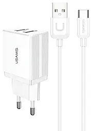 Мережевий зарядний пристрій Usams T24 2.1a 2xUSB-A ports charger + USB-C cable white - фото Мережевий зарядний пристрій Usams T24 2.1a 2xUSB-A ports charger + USB-C cable white