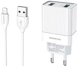 Сетевое зарядное устройство с быстрой зарядкой Borofone BA39A Speedway 18w QC3.0 2xUSB-A ports charger + Lightning cable white - фото Сетевое зарядное устройство с быстрой зарядкой Borofone BA39A Speedway 18w QC3.0 2xUSB-A ports charger + Lightning cable white