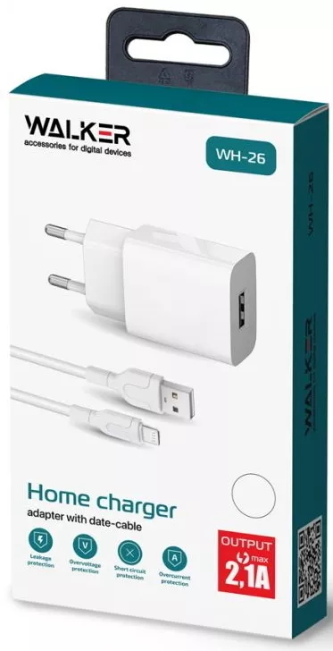 Сетевое зарядное устройство Walker WH-26 2.1a USB-A charger + Lightning cable white - фото 3
