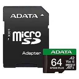 Карта пам'яті ADATA 64GB microSD class 10 UHS-I U3 V30 A2 Speed Plus (UD64GUI3V30A2SP-RA1) - фото Карта пам'яті ADATA 64GB microSD class 10 UHS-I U3 V30 A2 Speed Plus (UD64GUI3V30A2SP-RA1)