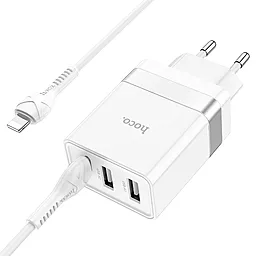 Мережевий зарядний пристрій Hoco N21 Pro 30w PD 2xUSB-A/USB-C ports charger + USB-C to Lightning cable white