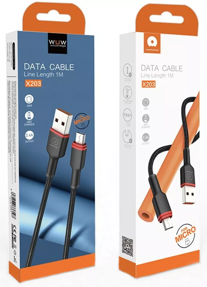 Кабель WUW X203 USB-A - micro USB 12w 2.4a 1м cable Black - фото 6