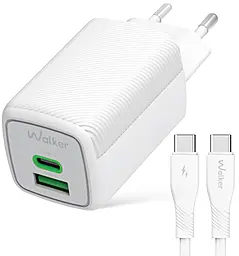 Мережевий зарядний пристрій Walker WH-75 65w GaN PD USB-C/UBS-A ports charger USB-C to USB-C cable white - фото Мережевий зарядний пристрій Walker WH-75 65w GaN PD USB-C/UBS-A ports charger USB-C to USB-C cable white