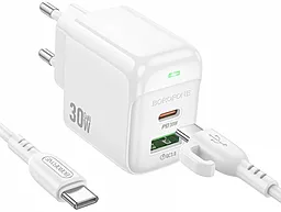 Мережевий зарядний пристрій Borofone BAS45A 30w PD/QC GaN USB-C/USB-A ports home charger + USB-C to USB-C cable white - фото Мережевий зарядний пристрій Borofone BAS45A 30w PD/QC GaN USB-C/USB-A ports home charger + USB-C to USB-C cable white