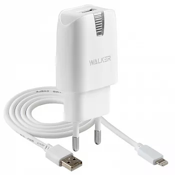 Сетевое зарядное устройство Walker WH-21 2a USB-A car charger + Lightning cable white - фото 1