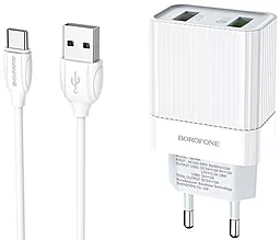 Мережевий зарядний пристрій зі швидкою зарядкою Borofone BA39A Speedway 18w QC3.0 2xUSB-A ports charger + USB-C cable white - фото Мережевий зарядний пристрій зі швидкою зарядкою Borofone BA39A Speedway 18w QC3.0 2xUSB-A ports charger + USB-C cable white