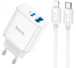 Мережевий зарядний пристрій Hoco C105A 20w PD USB-C/USB-A ports fast charger + USB-C to Lightning cable white