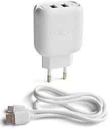 Сетевое зарядное устройство Walker WH-27 2.1a 2xUSB-A ports charger + USB-C cable white - фото Сетевое зарядное устройство Walker WH-27 2.1a 2xUSB-A ports charger + USB-C cable white