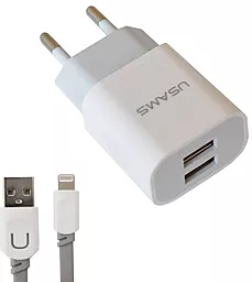 Мережевий зарядний пристрій Usams 2 USB 2.4A + Lightning Cable White ( J-TU)