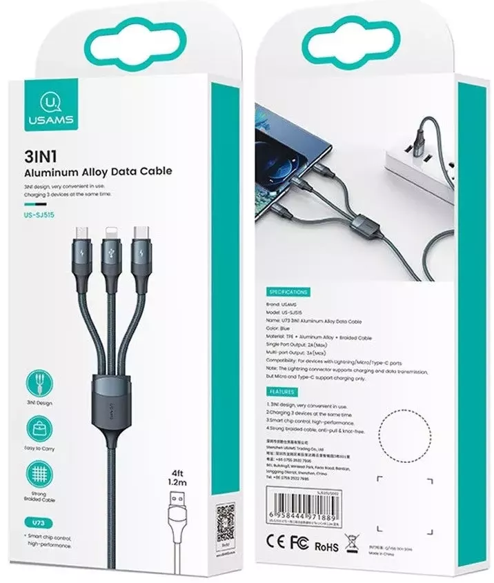 Универсальный кабель Usams U73 3-in-1 USB-A to Type-C/Lightning/micro USB 15w 3a 1.2м сable Black - фото 6