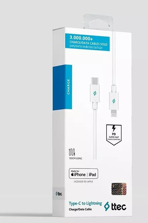 Кабель Ttec USB Type-C - Lightning 18w 3a 1.5м PD сable White (2DKM04B) - фото 2