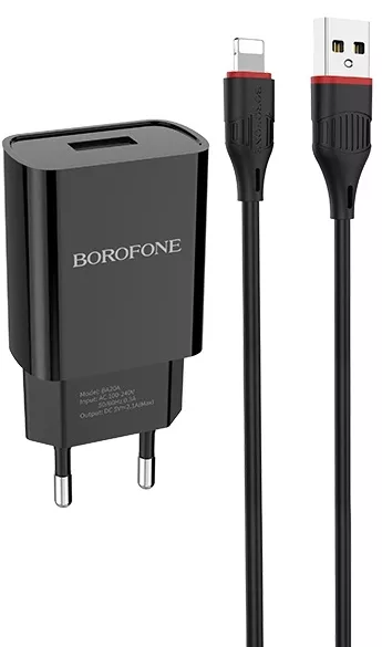 Сетевое зарядное устройство Borofone BA20A Sharp 2.1a home charger + Lightning cable black - фото 1