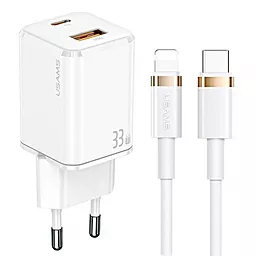 Сетевое зарядное устройство Usams T43 Mini GaN 33w PD USB-C/USB-A ports charger + USB-C to Lightning cable white (US-CC144) - фото Сетевое зарядное устройство Usams T43 Mini GaN 33w PD USB-C/USB-A ports charger + USB-C to Lightning cable white (US-CC144)