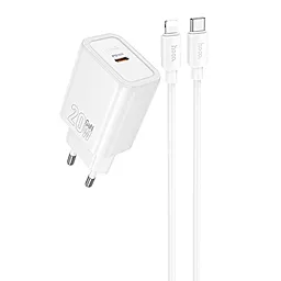 Мережевий зарядний пристрій Hoco N60 20w GaN PD USB-C fast charger + USB-C to Lightning cable white - фото Мережевий зарядний пристрій Hoco N60 20w GaN PD USB-C fast charger + USB-C to Lightning cable white
