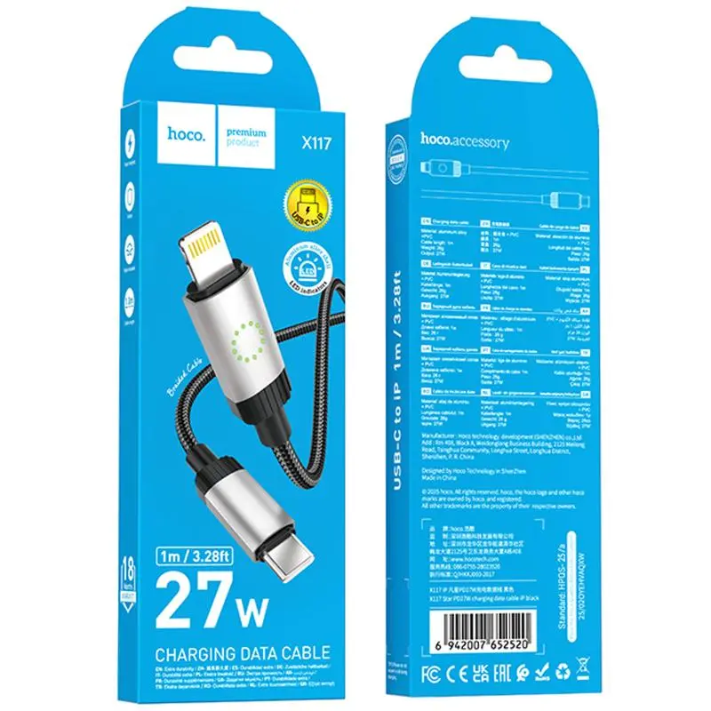 Кабель Hoco X117 USB Type-C - Lightning 27w 3a 1м PD cable Black - фото 5
