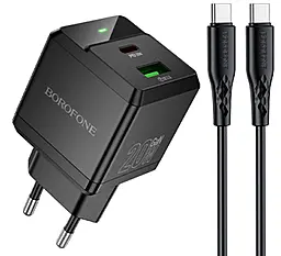 Мережевий зарядний пристрій Borofone BN19 Intenso 20w GaN PD USB-C/USB-A ports charger + USB-C to USB-C cable black - фото Мережевий зарядний пристрій Borofone BN19 Intenso 20w GaN PD USB-C/USB-A ports charger + USB-C to USB-C cable black