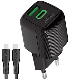 Сетевое зарядное устройство Walker WH-71 30w GaN PD USB-C/USB-A ports charger + USB-C to USB-C cable black - фото Сетевое зарядное устройство Walker WH-71 30w GaN PD USB-C/USB-A ports charger + USB-C to USB-C cable black